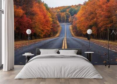 Highway bordered by autumn trees with leaves falling, capturing the beauty of a seasonal journey, Autumn Highway, Fall Exploration Wall mural