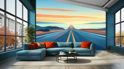 Highway roadtrippers, flat design, top view, freedom journey to the horizon, cartoon drawing, colored pastel, copy space for text Wall mural