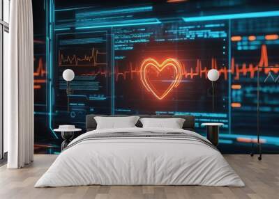 Neon heartbeat monitor, futuristic holographic display, high-tech medical setting Wall mural