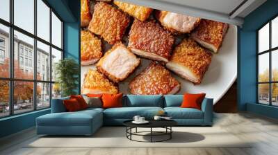 Top view of crispy pork belly chunks on a white plate, golden and crunchy with light and shadow contrasts, crispy fried pork belly, delicious main course, elevated presentation Wall mural