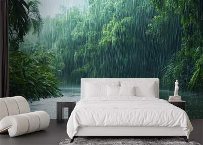 Torrential rain over a jungle river, water streaming down the leaves, lush greenery thriving under the storm, capturing the essence of tropical rain Wall mural