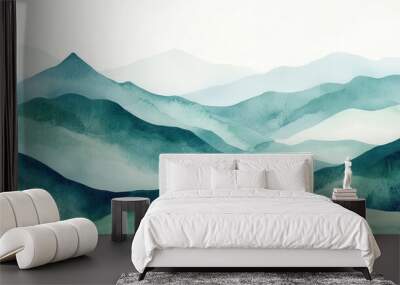 Watercolor flat design of a mountain with a winding path, soft greens and blues, minimalist landscape illustration Wall mural