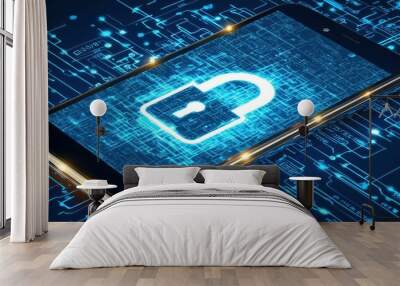 A smartphone screen with a holographic padlock icon floating above, surrounded by soft glowing light, representing cyber security and safe access Wall mural