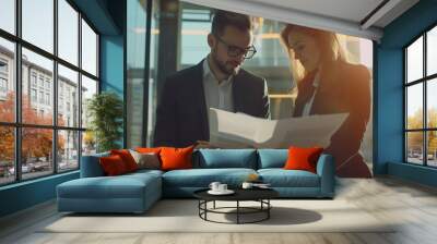 .Two business people, a business man and a business woman, engage in a discussion as they read a financial report together. Young business professionals working together in a modern finance company. Wall mural