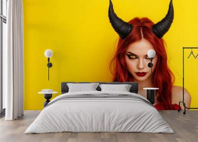 Devil girl isolated on yellow color background. Studio portrait of woman in spooky Halloween costume. Wall mural