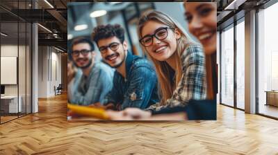 Group of colleagues engaging in a discussion during a business meeting in a conference room. Happy business people, men and women Wall mural