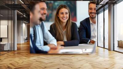 Group of colleagues engaging in a discussion during a business meeting in a conference room. Happy business people, men and women Wall mural