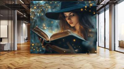 Halloween Witch girl with magic Book of spells portrait. Beautiful young woman in witches hat conjuring, making witchcraft. Over spooky dark magic forest background. Wide Halloween party art design. Wall mural