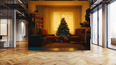 Interior of living room with armchairs, Christmas tree and glowing lights at night. Wall mural