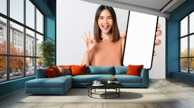 Beautiful Asian woman holding smartphone mockup of blank screen and shows ok sign on grey background Wall mural