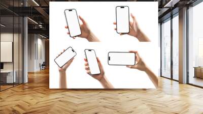 Gesture of hand holding smartphone with a blank screen, mock-up for application mobile, modern design. Wall mural