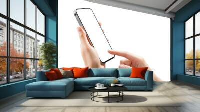 Gesture of hand holding smartphone with a blank screen, mock-up for application mobile, modern design. Wall mural