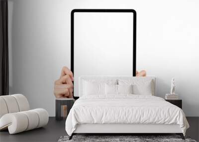 Hand holding digital tablet mockup of blank screen on isolated. Take your screen to put on advertising. Wall mural