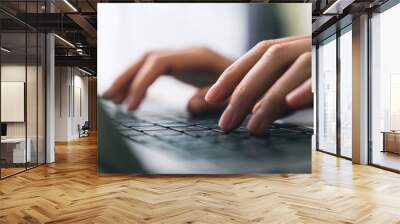 Hand using laptop and hand typing on the computer keyboard in the office. Wall mural