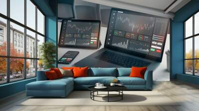 Stock exchange market concept, laptop and tablet, smartphone on the table with graphs analysis candle line in office room, diagrams on screen. Wall mural