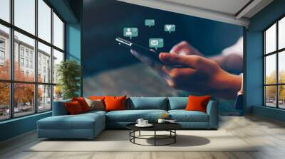 Woman hand using smartphone and show technology icon social media. Concept social network. Wall mural