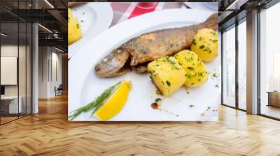 Fresh Hallstatt trout and potatoes recipe on the white dish at Hallstatter See or Lake Hallstatt, a lake in the Salzkammergut, Austria Wall mural