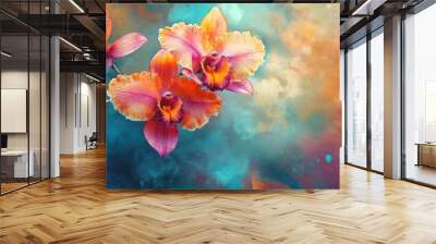 Vibrant orchid flowers capture the essence of beauty against a colorful abstract background, perfect for nature and art lovers. Wall mural