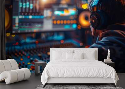 A focused sound engineer in headphones adjusts settings on a sophisticated mixing console in a professional recording studio, sound engineer operating music studio equipment. Wall mural