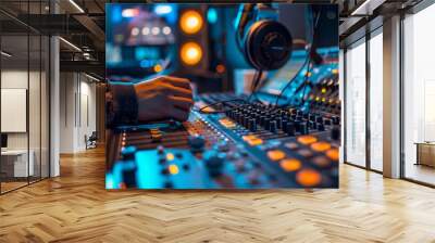 A focused sound engineer in headphones adjusts settings on a sophisticated mixing console in a professional recording studio, sound engineer operating music studio equipment. Wall mural