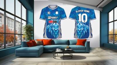 EPS jersey sports shirt vector.Lion blue and white pattern design, illustration, textile background for V-neck sports t-shirt, football jersey shirt.eps Wall mural