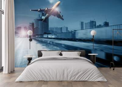 container trains ,commercial freight cargo plane flying above use for logistic and transportation in Wall mural