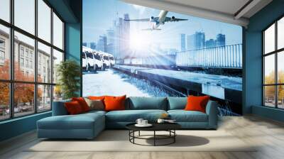 container trains ,commercial freight cargo plane flying above use for logistic and transportation industry background Wall mural