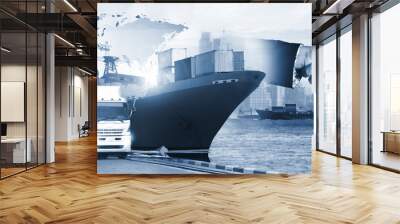 container truck ,ship in port and freight cargo plane in transport and import-export commercial logistic ,shipping business industry Wall mural