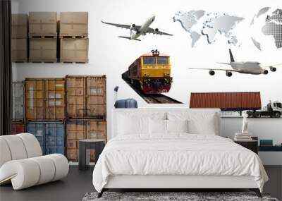 Creative layout made of transportation or delivery . Flat lay for indutry of logistics ,contrainer boxes , boat , airplane , truck , world , map   on white background, clipping path included. Wall mural