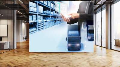 Double exposure of business checking GPS delivery industry and logistics concept container truck  and freight cargo plane in transport and import-export commercial logistic Wall mural