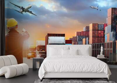 Engineering with logistics background or transportation Industry or shipping business, Container Cargo shipment, truck delivery, airplane, import export Concept Wall mural