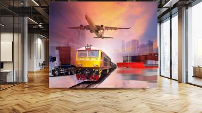 Global business of Container Cargo freight train for logistic import export, Business logistics concept ,  Air cargo trucking , rail transportation , maritime shipping , On-time delivery Wall mural