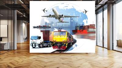 Global business of Container Cargo freight train for logistic import export, Business logistics concept ,  Air cargo trucking , rail transportation , maritime shipping , On-time delivery Wall mural