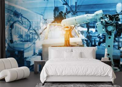 Industry 4.0  concept  Augmented reality screen software and blue tone of automate wireless Robot arm Wall mural