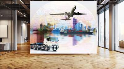 Logistics  global transportation concept. Maritime and land transport,  air transport on world map background use for import export shipping industry Wall mural