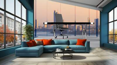 Modern office interior with business desk and furniture,with windows and city view.  Concept of business office room Wall mural