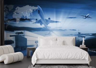 The world logistics , there are world map with logistic network distribution on background and Logistics Industrial Container Cargo freight ship for Concept of fast or instant shipping Wall mural