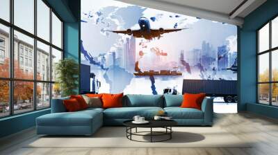 The world logistics , there are world map with logistic network distribution on background and Logistics Industrial Container Cargo freight ship for Concept of fast or instant shipping Wall mural