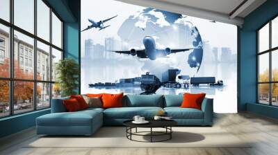 The world logistics  background or transportation Industry or shipping business, Container Cargo  shipment , truck delivery, airplane , import export Concept Wall mural