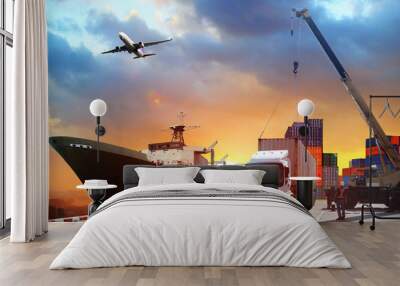 Transportation, import-export, commercial logistic, shipping business industry, container truck, ship in port and freight cargo plane Wall mural