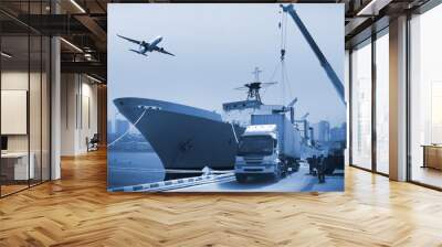 Transportation, import-export, commercial logistic, shipping business industry, container truck, ship in port and freight cargo plane Wall mural