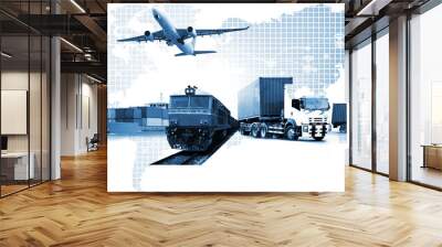 Transportation, import-export and logistics concept, container truck, ship in port and freight cargo plane in transport and import-export commercial logistic, shipping business industry Wall mural