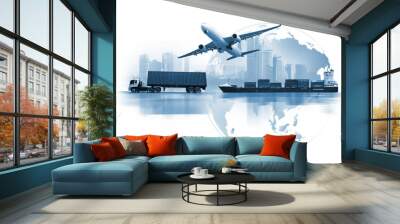 Transportation, import-export and logistics concept, container truck, ship in port and freight cargo plane in transport and import-export commercial logistic, shipping business industry Wall mural