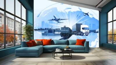 Transportation, import-export and logistics concept, container truck, ship in port and freight cargo plane in transport and import-export commercial logistic, shipping business industry Wall mural