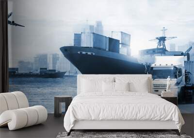 transportation, import-export and logistics concept, container truck, ship in port and freight cargo Wall mural