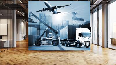 transportation, import-export and logistics concept, container truck, ship in port and freight cargo Wall mural