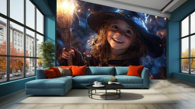 2 Child in a witch costume holding a broomstick, smiling. Wall mural