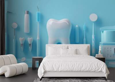 3D render of a cartoon tooth and dental tools on a blue background. Wall mural