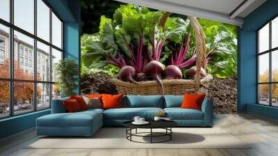 A basket of freshly picked beets (Beta vulgaris) with their deep red roots and lush green tops Wall mural