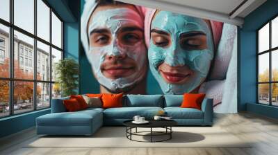 A close-up of a couple enjoying a relaxing home spa day, their faces covered in masks, wrapped in soft towels, creating a warm and peaceful mood. Wall mural